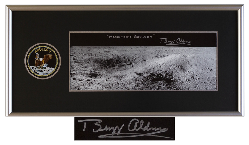 Spectacular Buzz Aldrin Signed 20'' x 8'' Photo, Titled by Aldrin ''Magnificent Desolation'' -- With Novaspace COA